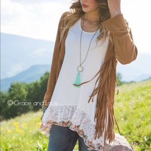 Grace & Lace Suede Fringe Cardigan